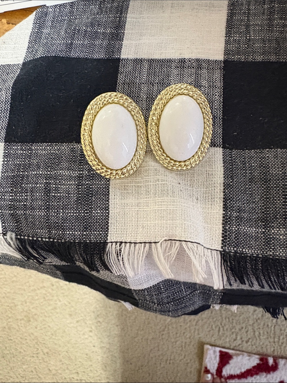Gold Braided Oval Earrings with White Cabochon
